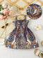 Vintage Print Sleeveless Dress with Hat - Romantic Floral & Geometric Pattern, Ruffled Neckline, Perfect for Summer, Parties, and Everyday Wear, Ideal Gift for Little Girls, Everyday Dress FD6130E